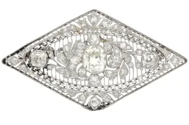 3.5 Carat Old European Cut Art Deco Diamond Brooch in Textured Filigree Platinum