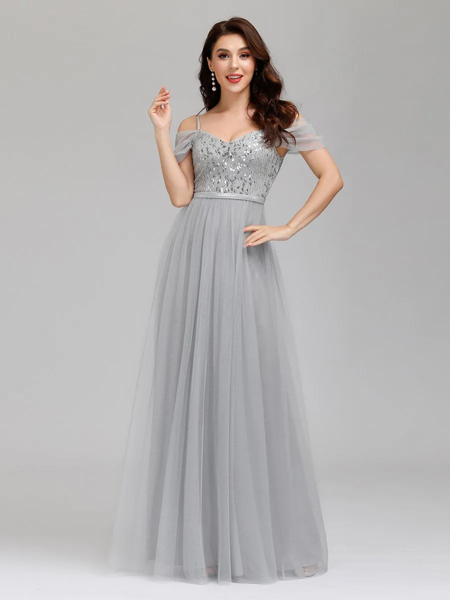 A-Line Sweetheart Neckline Ruffle Sleeve Tulle Wholesale Bridesmaid Dress