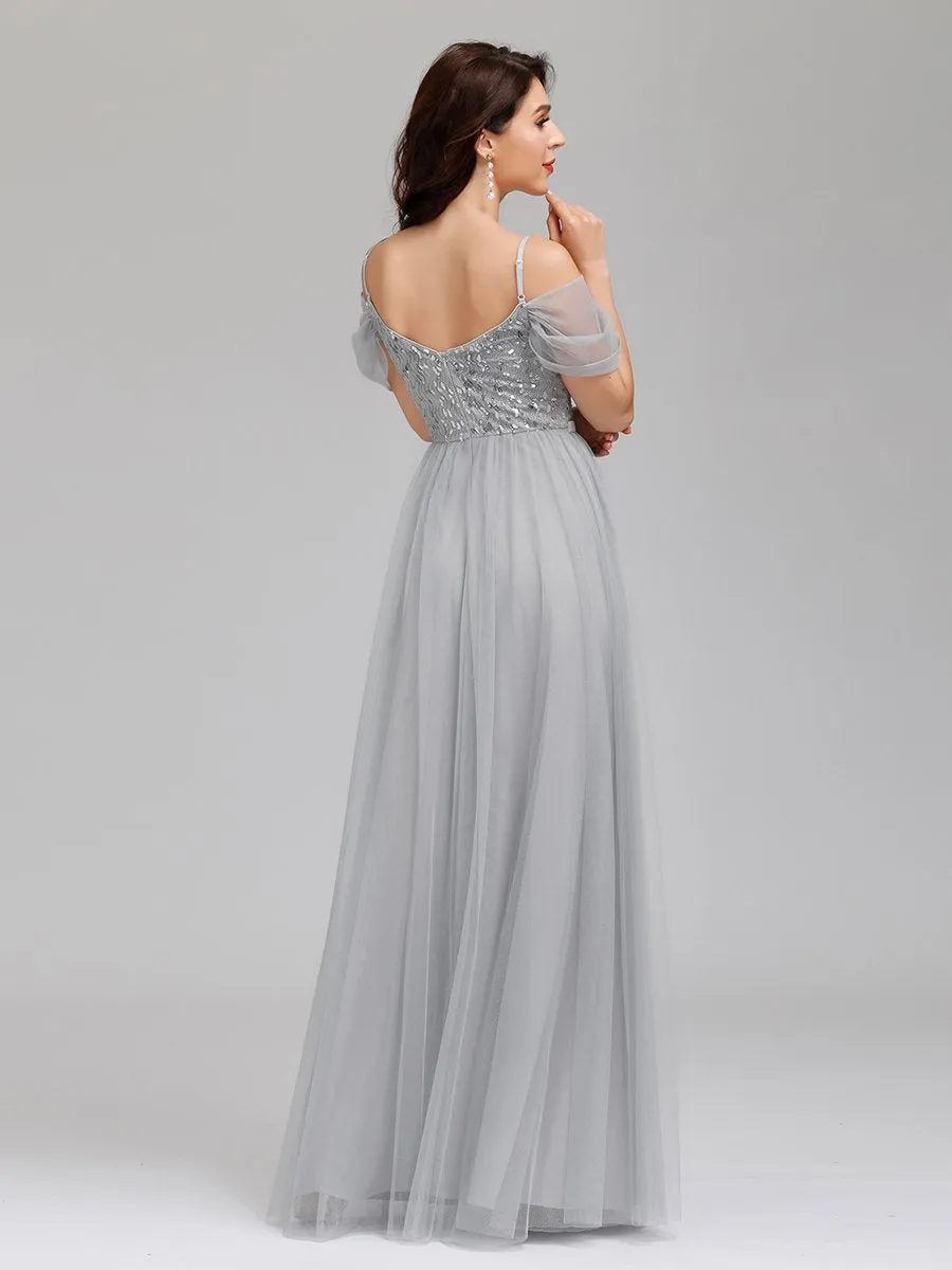 A-Line Sweetheart Neckline Ruffle Sleeve Tulle Wholesale Bridesmaid Dress