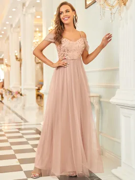 A-Line Sweetheart Neckline Ruffle Sleeve Tulle Wholesale Bridesmaid Dress