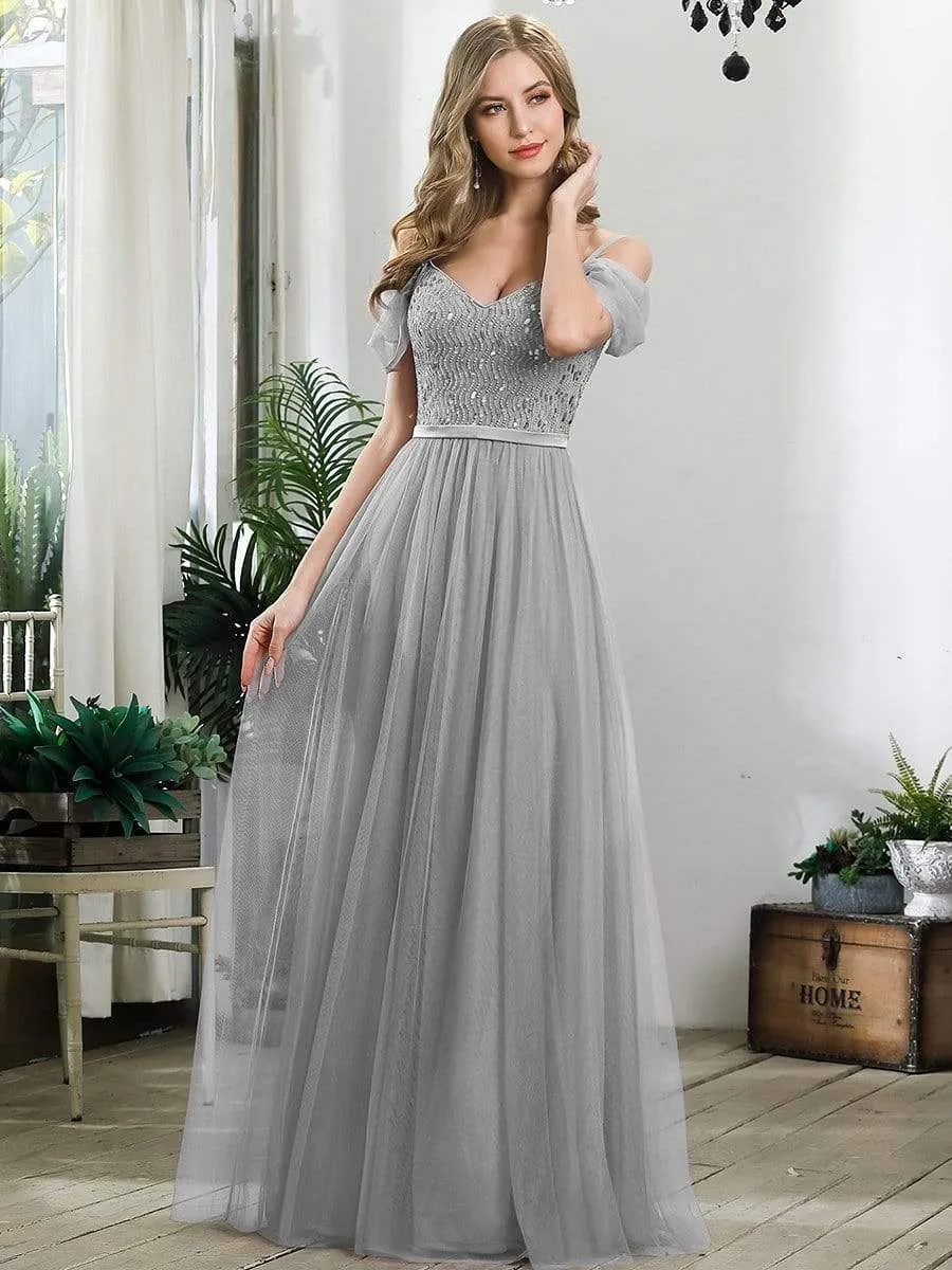 A-Line Sweetheart Neckline Ruffle Sleeve Tulle Wholesale Bridesmaid Dress