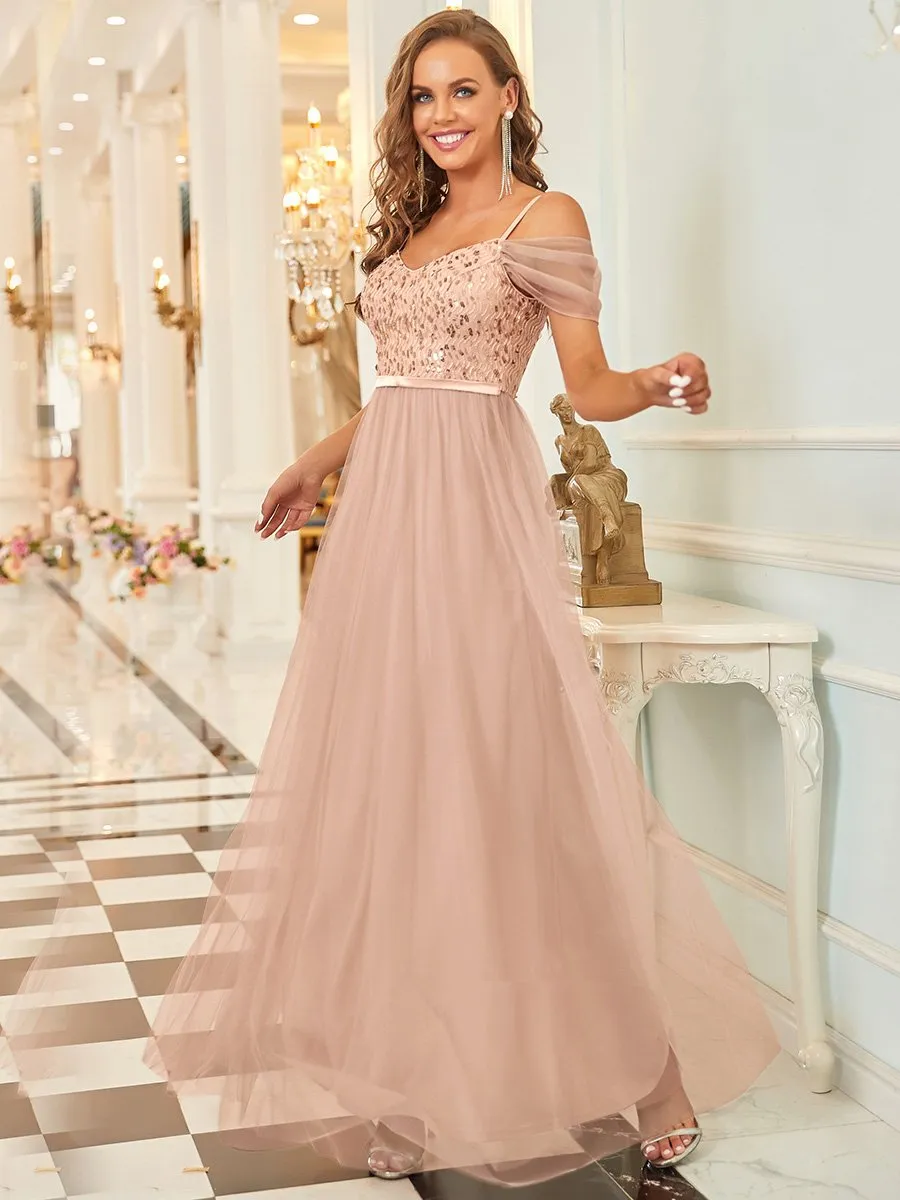 A-Line Sweetheart Neckline Ruffle Sleeve Tulle Wholesale Bridesmaid Dress