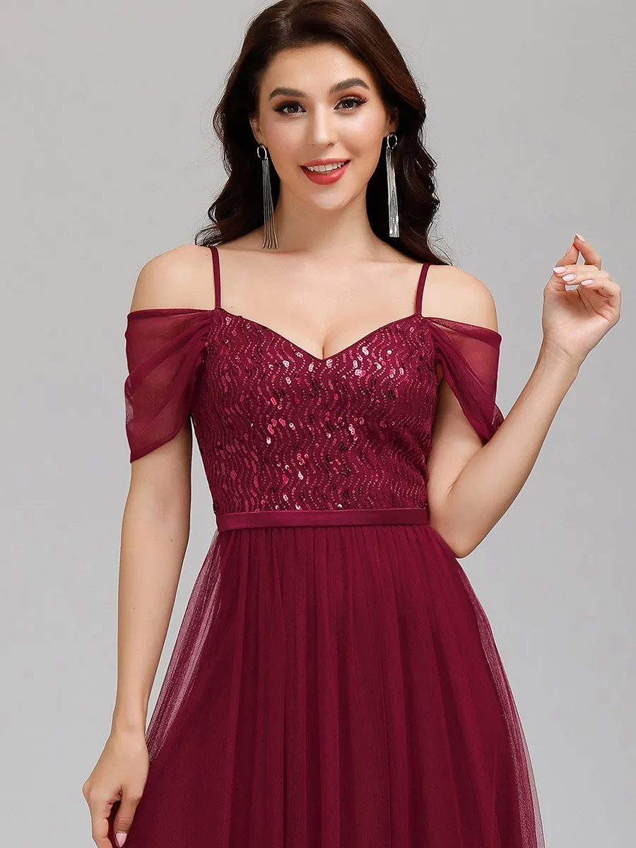 A-Line Sweetheart Neckline Ruffle Sleeve Tulle Wholesale Bridesmaid Dress