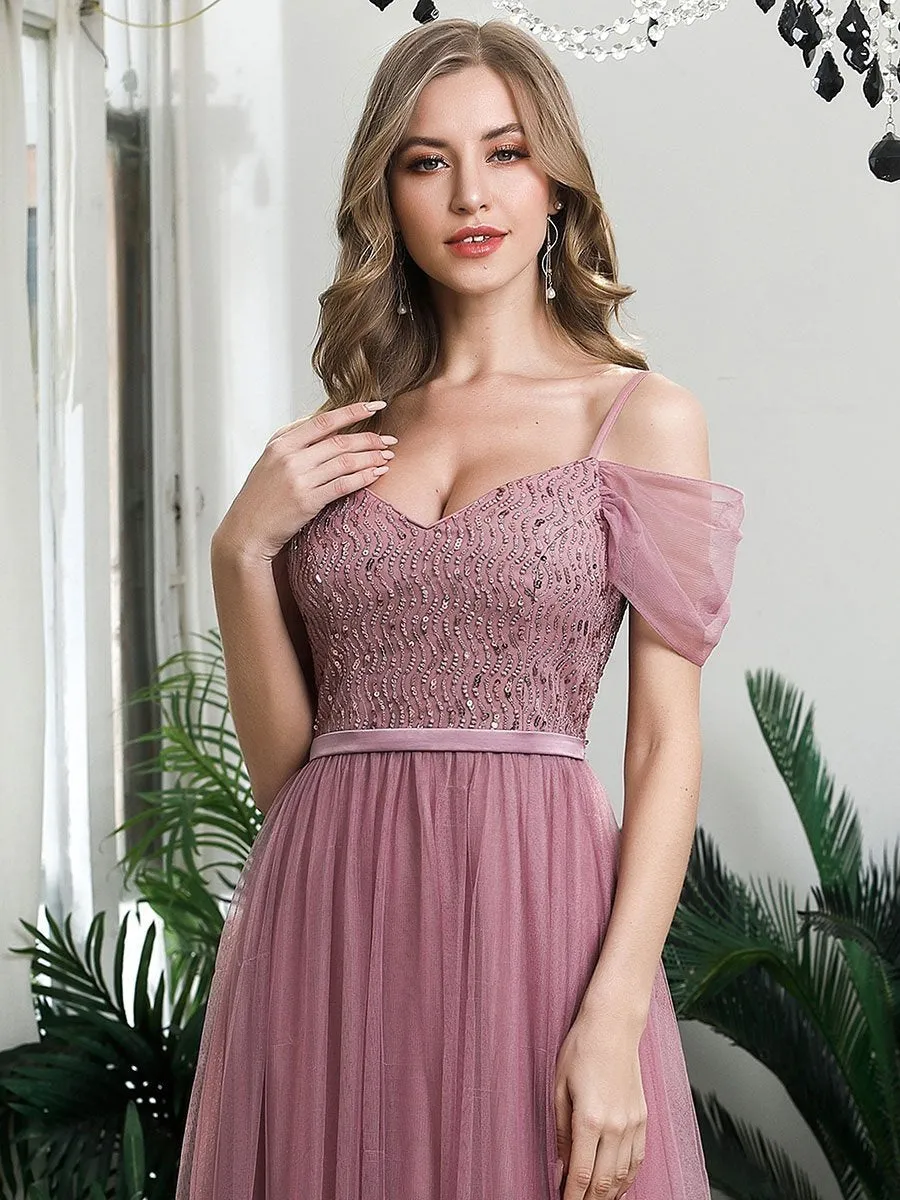 A-Line Sweetheart Neckline Ruffle Sleeve Tulle Wholesale Bridesmaid Dress