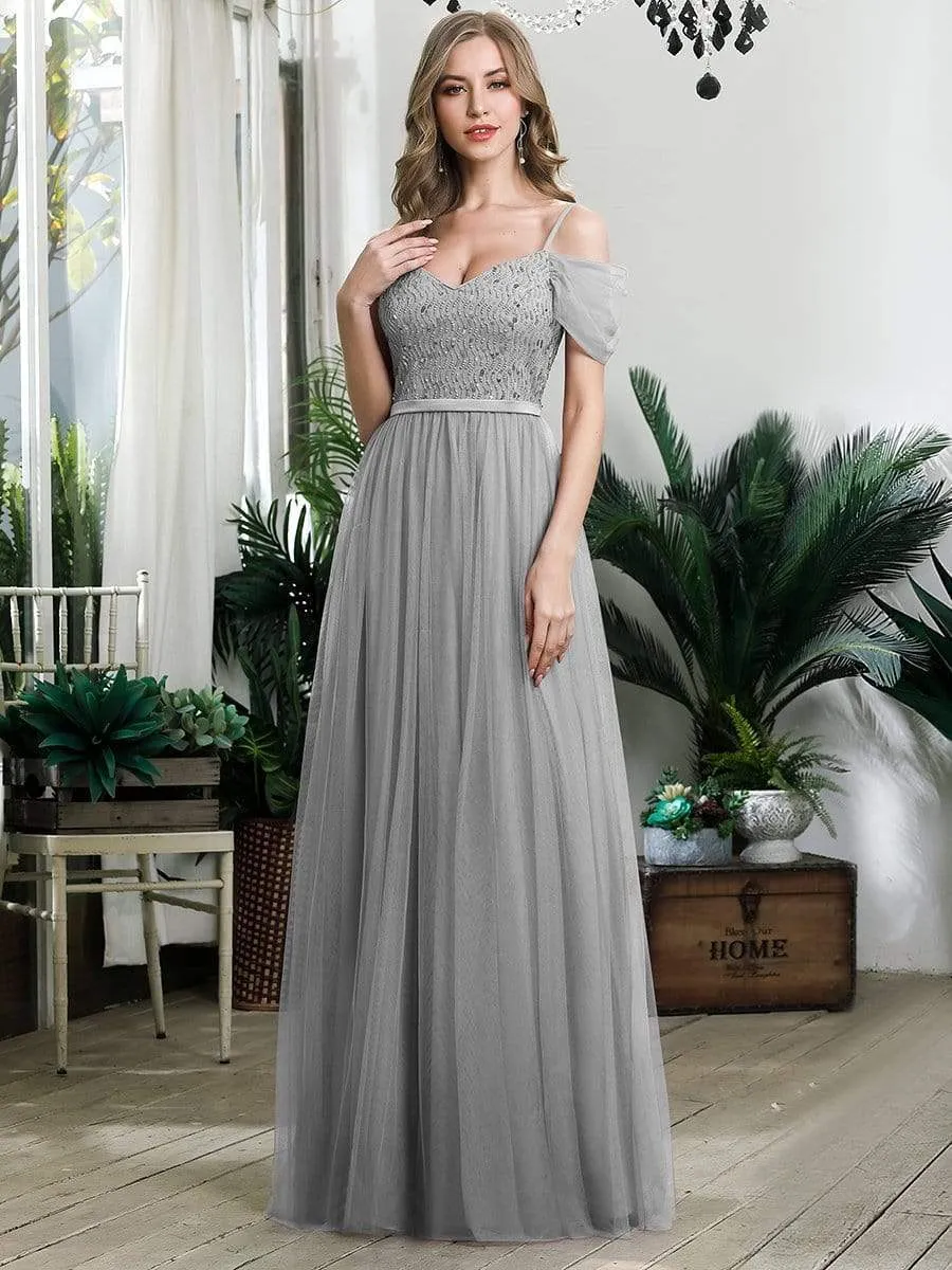 A-Line Sweetheart Neckline Ruffle Sleeve Tulle Wholesale Bridesmaid Dress