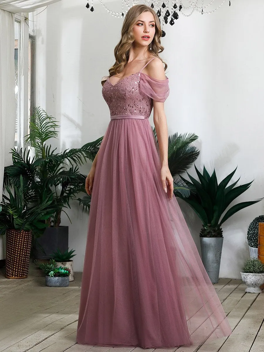 A-Line Sweetheart Neckline Ruffle Sleeve Tulle Wholesale Bridesmaid Dress