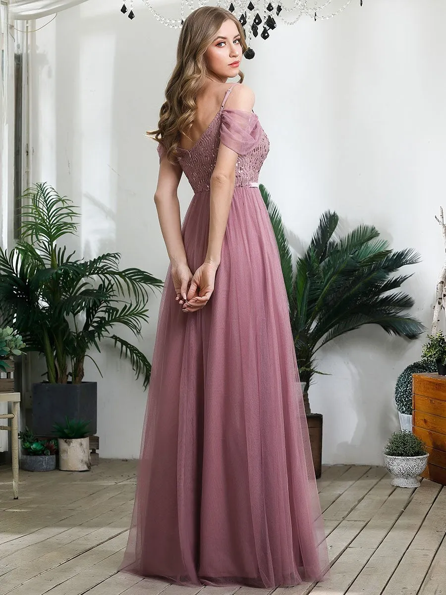 A-Line Sweetheart Neckline Ruffle Sleeve Tulle Wholesale Bridesmaid Dress