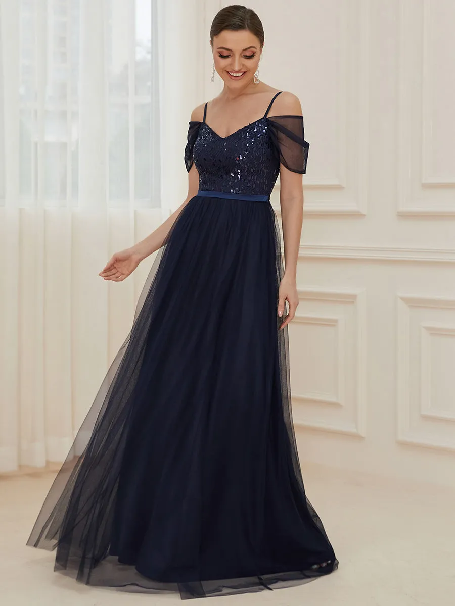 A-Line Sweetheart Neckline Ruffle Sleeve Tulle Wholesale Bridesmaid Dress