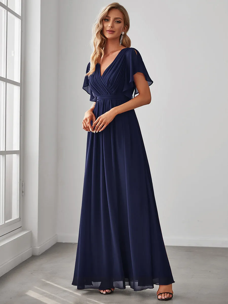 A Line Wholesale Bridesmaid Dresses with Deep V Neck Ruffles Sleeves