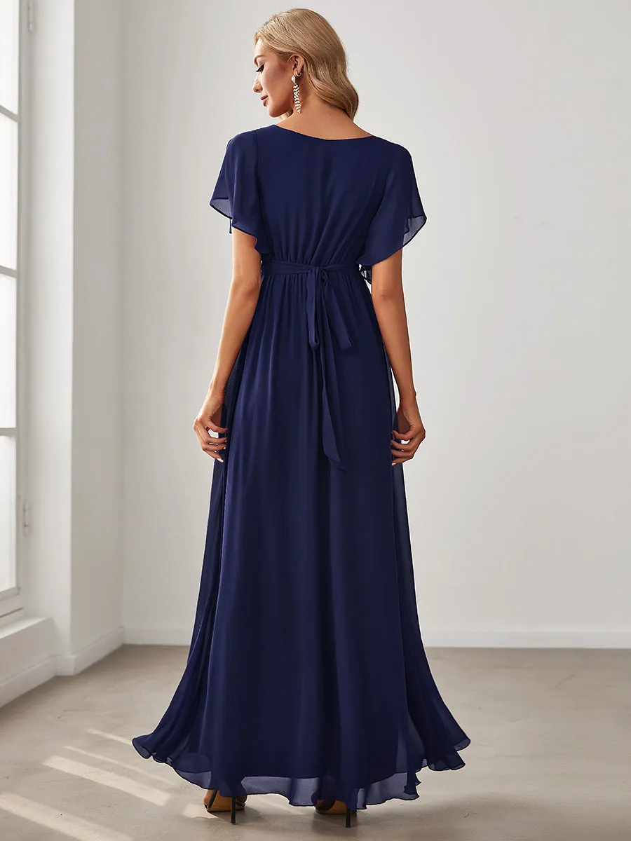 A Line Wholesale Bridesmaid Dresses with Deep V Neck Ruffles Sleeves