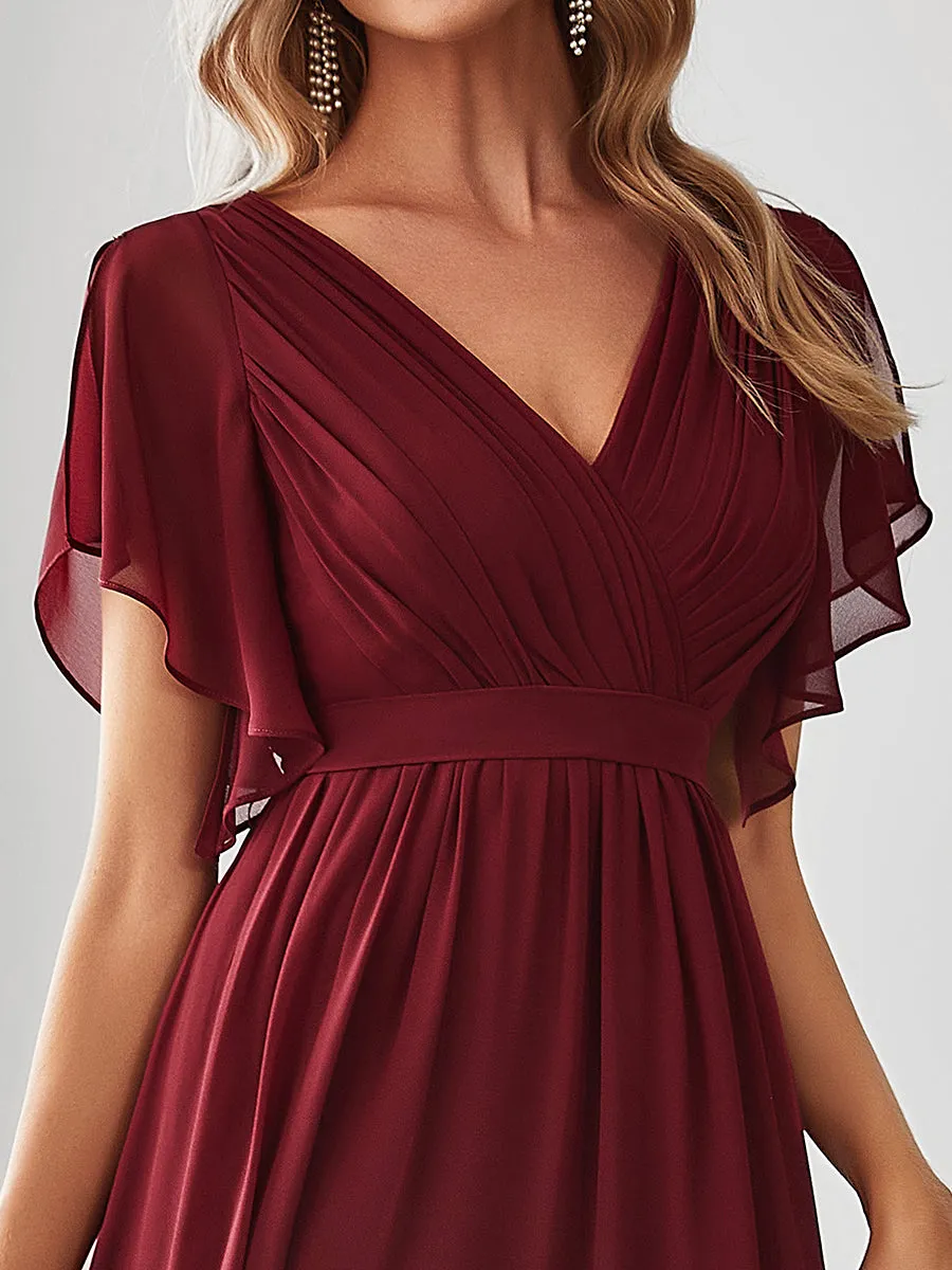 A Line Wholesale Bridesmaid Dresses with Deep V Neck Ruffles Sleeves