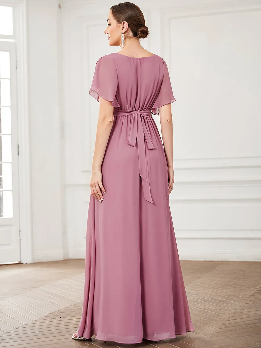 A Line Wholesale Bridesmaid Dresses with Deep V Neck Ruffles Sleeves