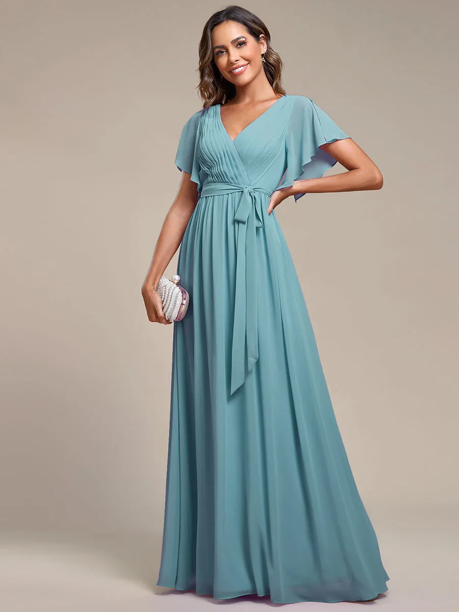 A Line Wholesale Bridesmaid Dresses with Deep V Neck Ruffles Sleeves