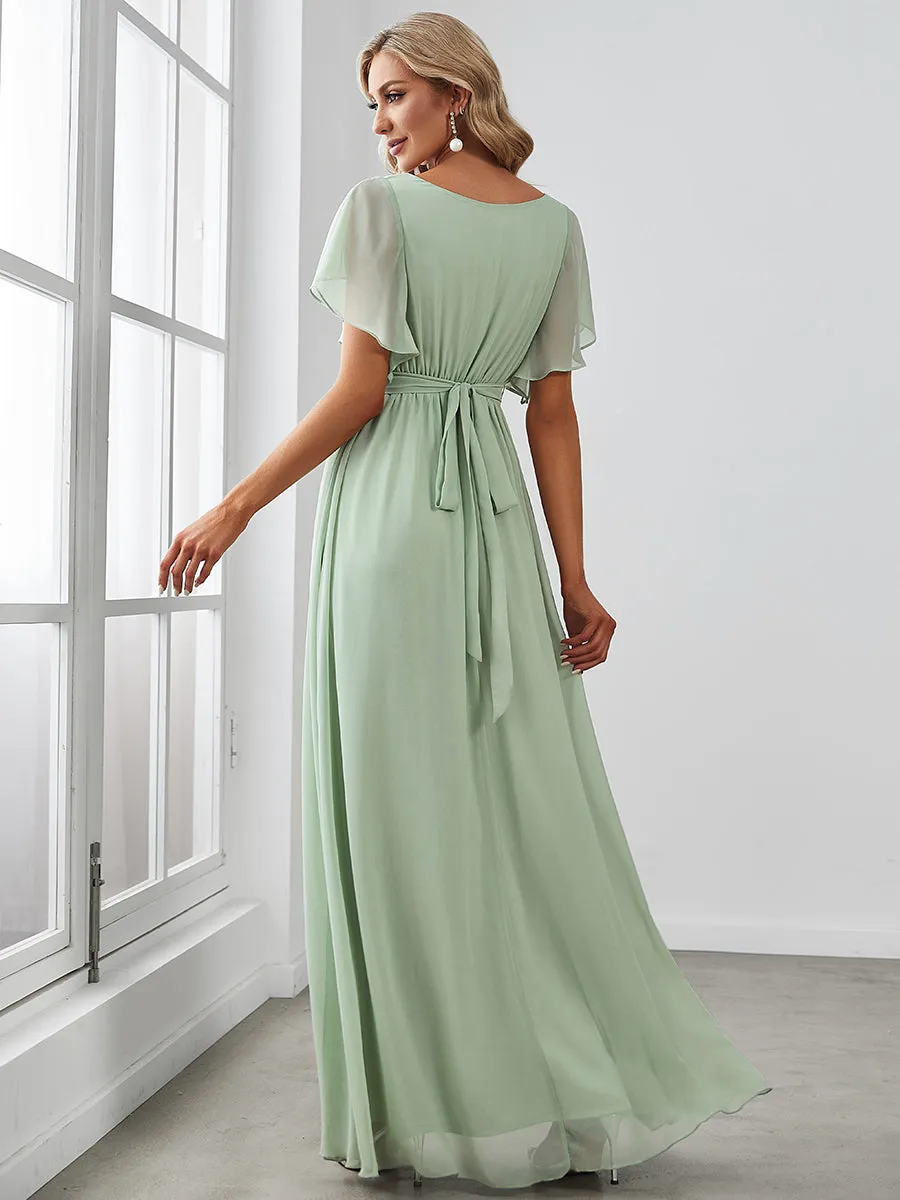 A Line Wholesale Bridesmaid Dresses with Deep V Neck Ruffles Sleeves