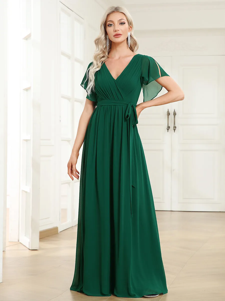 A Line Wholesale Bridesmaid Dresses with Deep V Neck Ruffles Sleeves