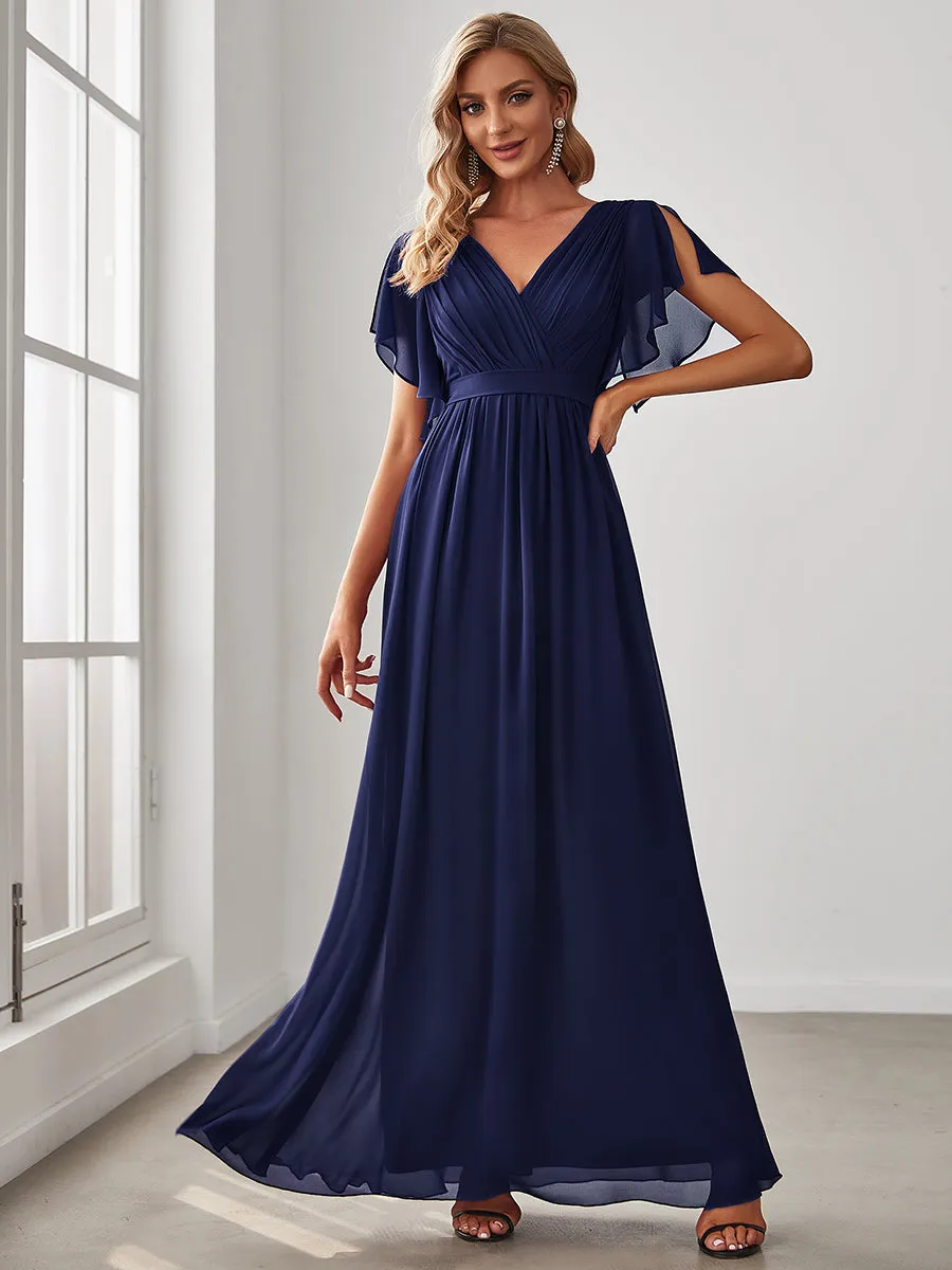 A Line Wholesale Bridesmaid Dresses with Deep V Neck Ruffles Sleeves