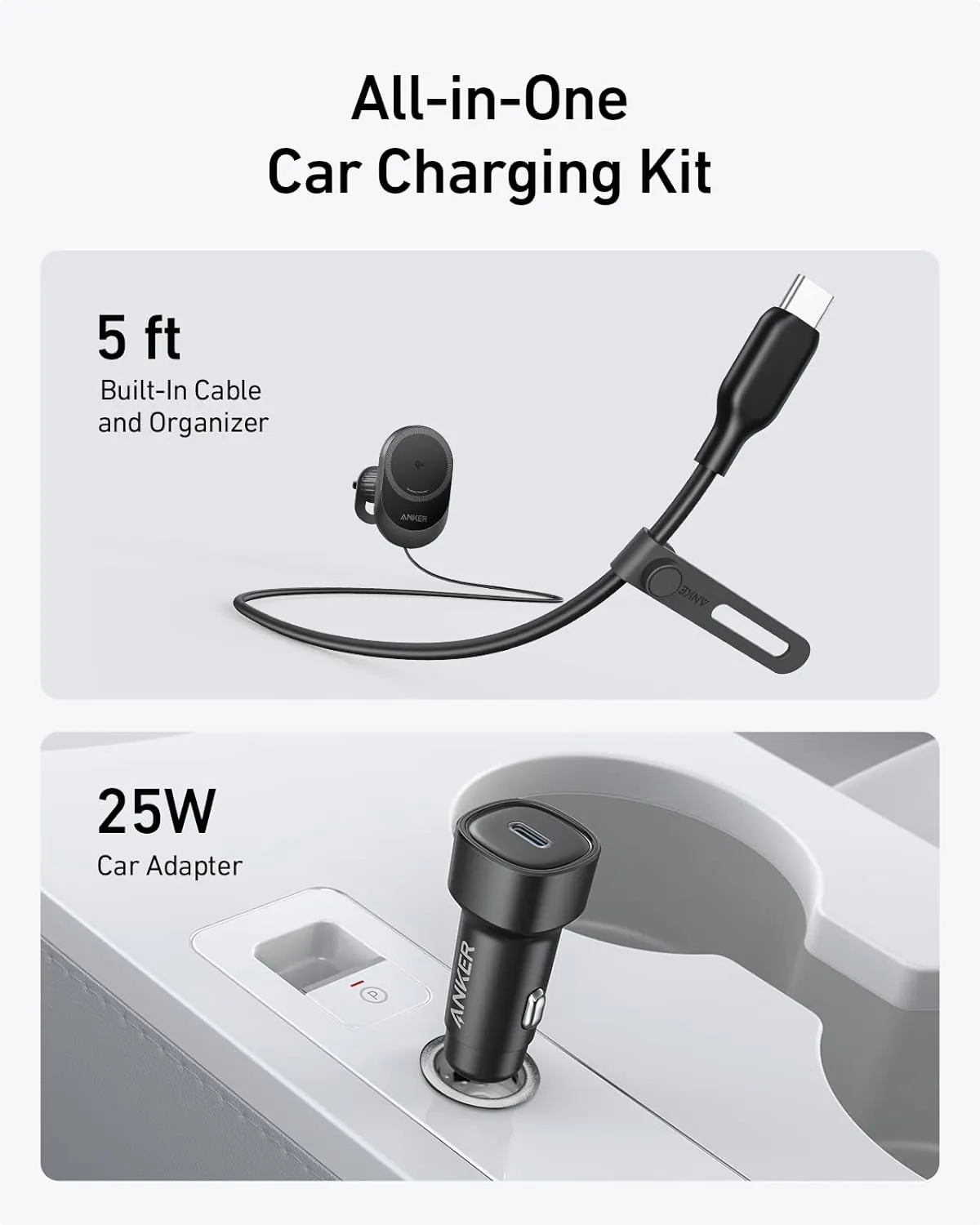 Anker MagGo Wireless Car Charger (Pad, Built-In USB-C Cable)