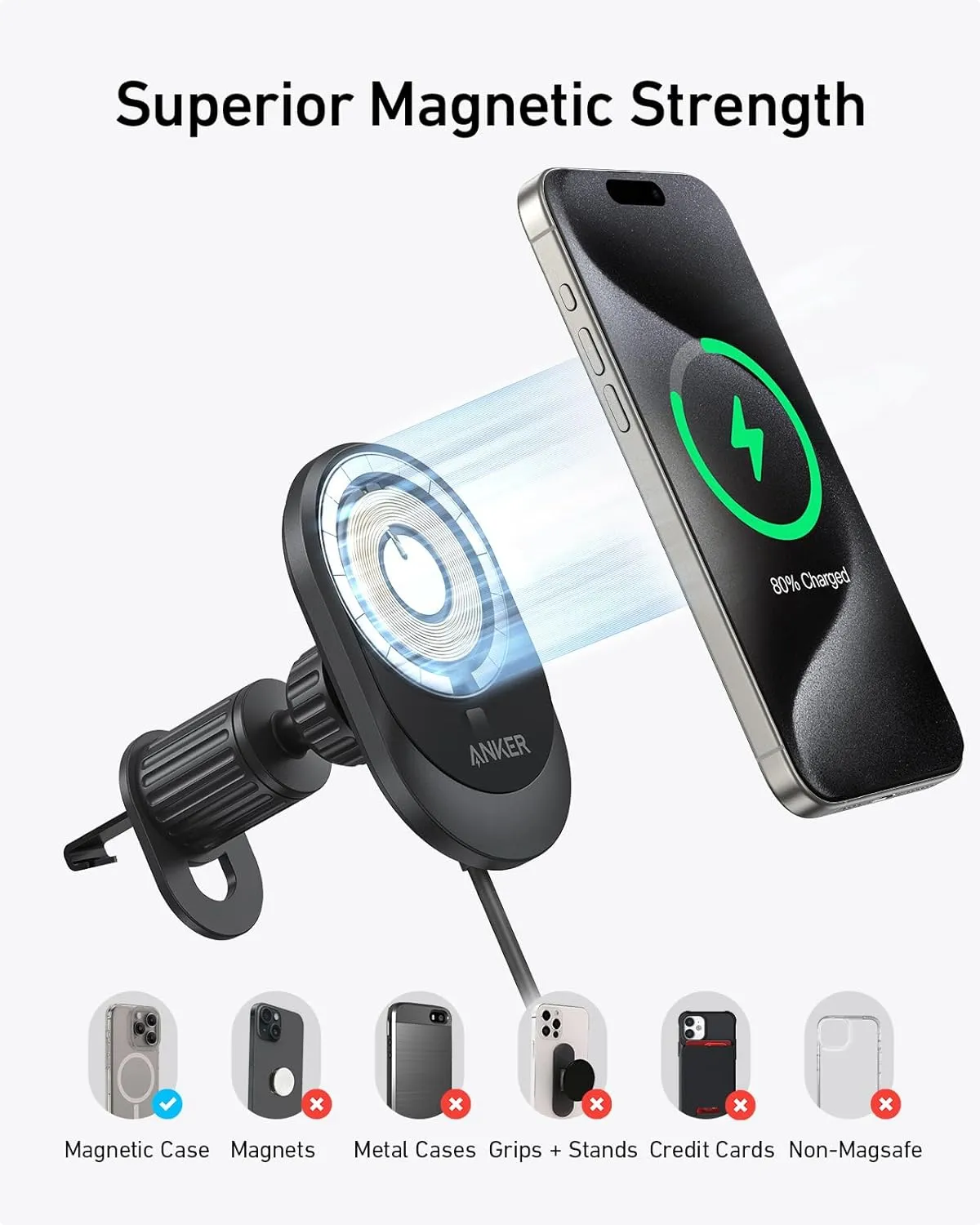 Anker MagGo Wireless Car Charger (Pad, Built-In USB-C Cable)