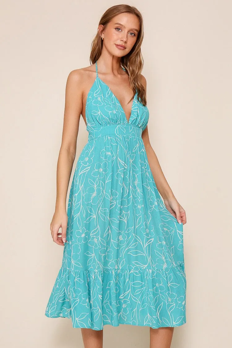 Aqua Floral Sleeveless Halter Neck Open Back Dress