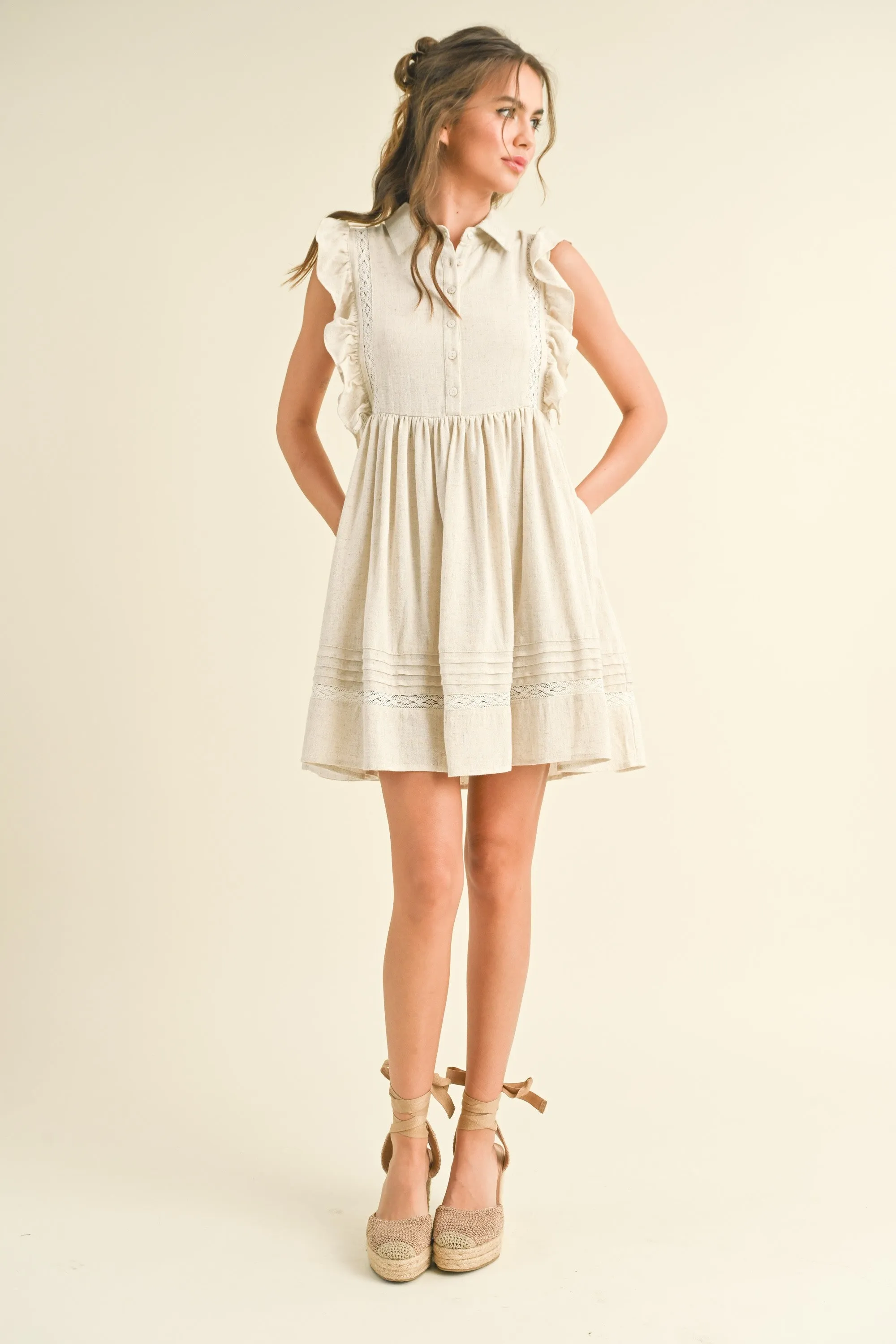 Beige Button Front Flutter Sleeve Mini Dress