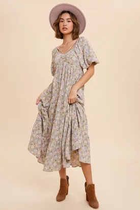 Beige Floral Ruched Strappy V-Neck Front Puff Short Sleeve Midi Dress