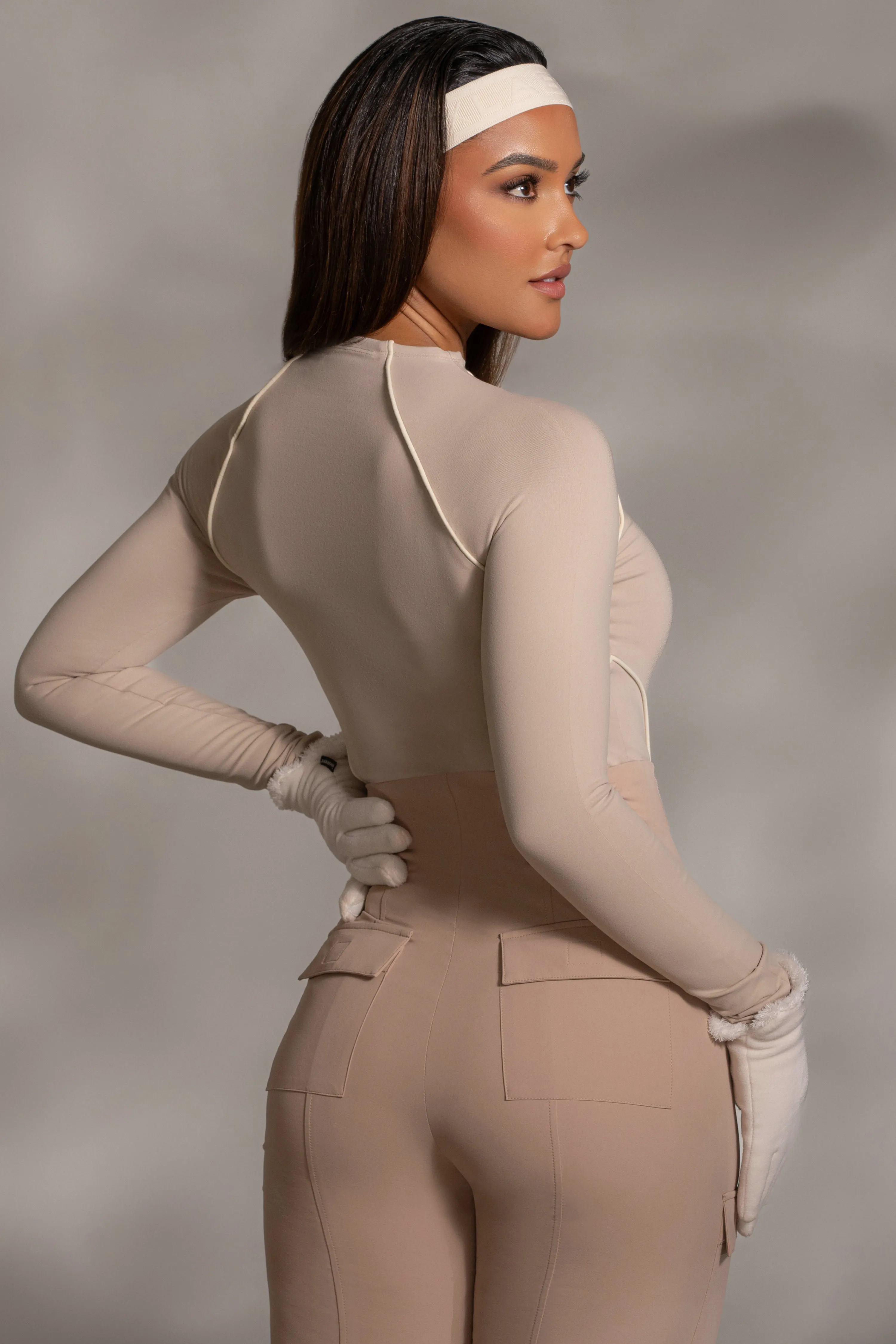 Beige Rise Up Zip Front Bodysuit