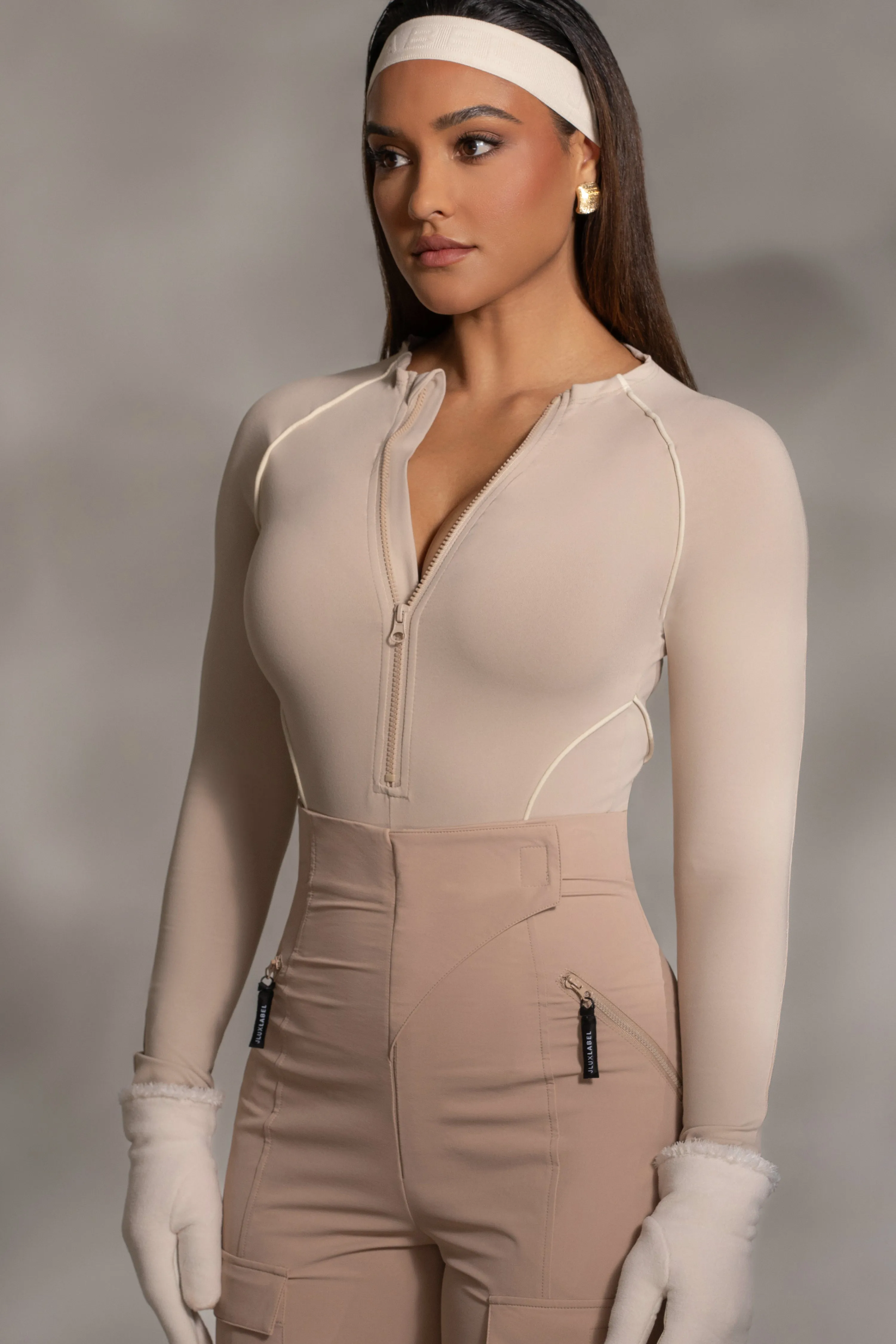 Beige Rise Up Zip Front Bodysuit