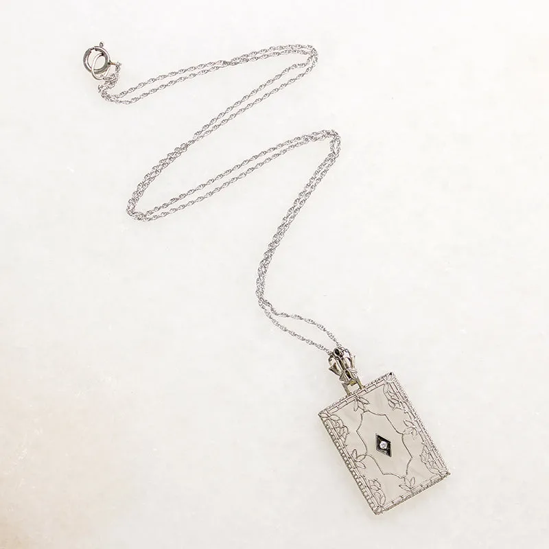 Camphor Glass Necklace with Diamond & White Gold Filigree