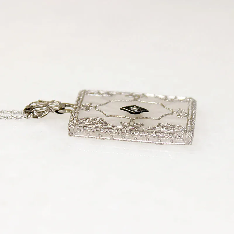 Camphor Glass Necklace with Diamond & White Gold Filigree