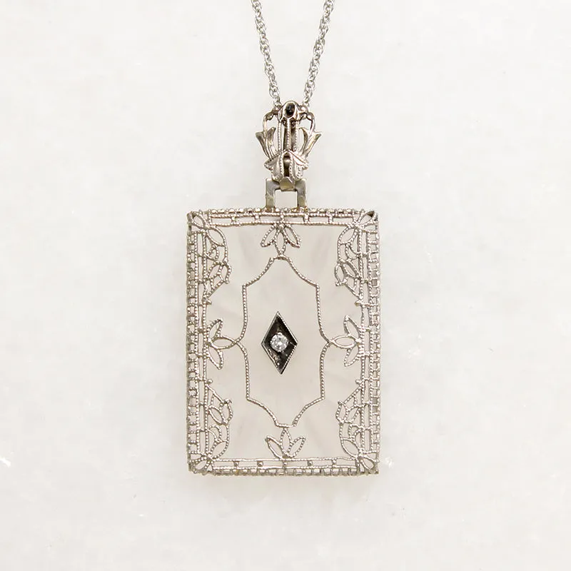 Camphor Glass Necklace with Diamond & White Gold Filigree