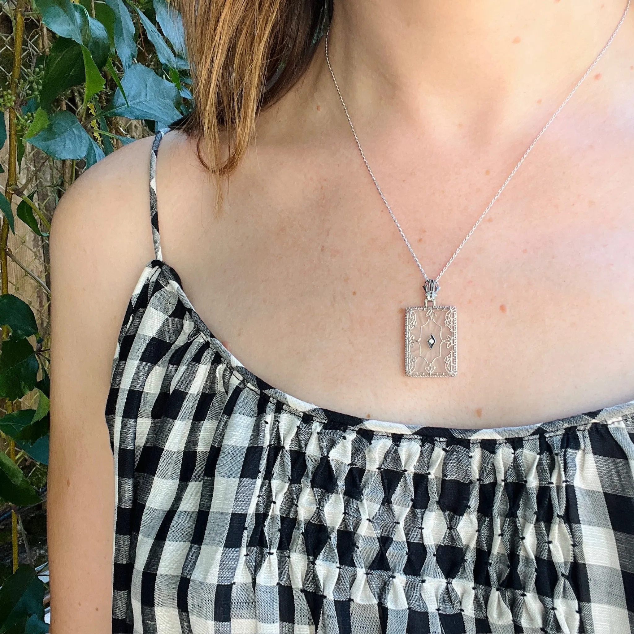 Camphor Glass Necklace with Diamond & White Gold Filigree