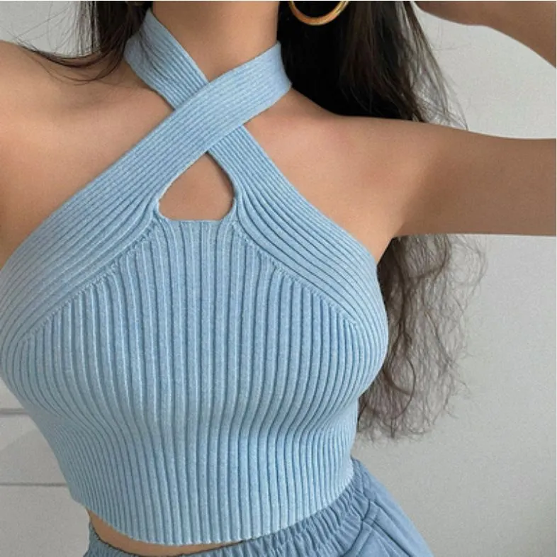 Crinkle Wide Ribbed Rib Criss Cross Halter Crop Top