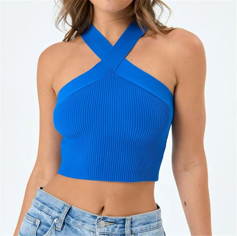 Crinkle Wide Ribbed Rib Criss Cross Halter Crop Top