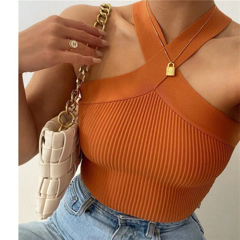 Crinkle Wide Ribbed Rib Criss Cross Halter Crop Top