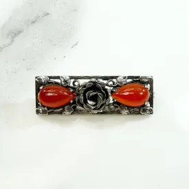 Darkly Romantic Silver Rose & Carnelian Brooch