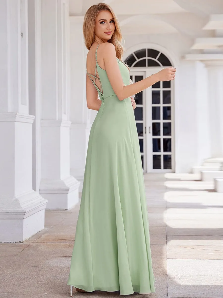 Elegant A-Line Applique Waist Sleeveless Bridesmaid Dress with V-Neck