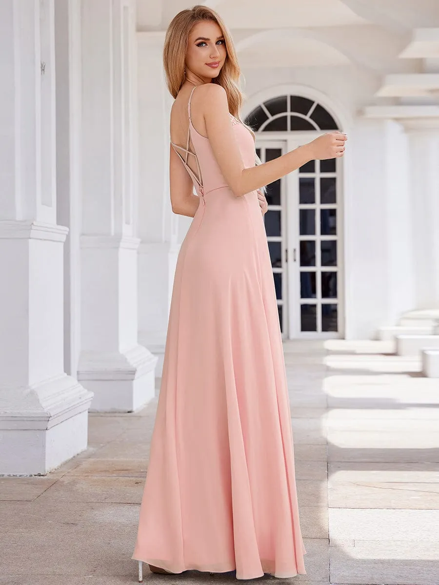 Elegant A-Line Applique Waist Sleeveless Bridesmaid Dress with V-Neck