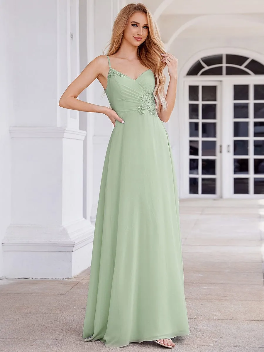 Elegant A-Line Applique Waist Sleeveless Bridesmaid Dress with V-Neck