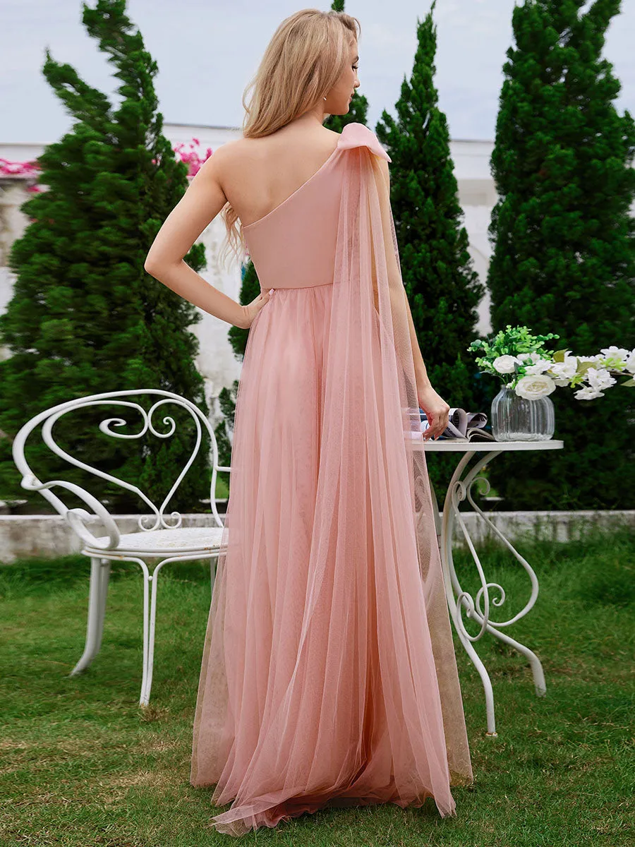 Elegant Asymmetric Shoulder Streamer Pleated decoration Tulle Dresses with Bowknot