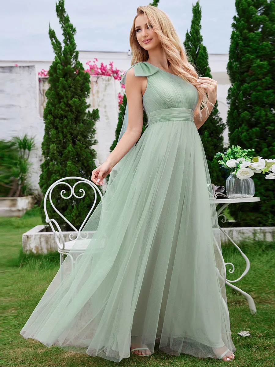 Elegant Asymmetric Shoulder Streamer Pleated decoration Tulle Dresses with Bowknot