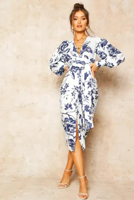 Floral Print Plunge Tie Wasit Midi Dress