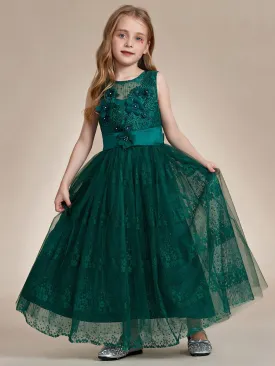 Floral Tulle Applique Princess Flower Girl Dress With Satin Back