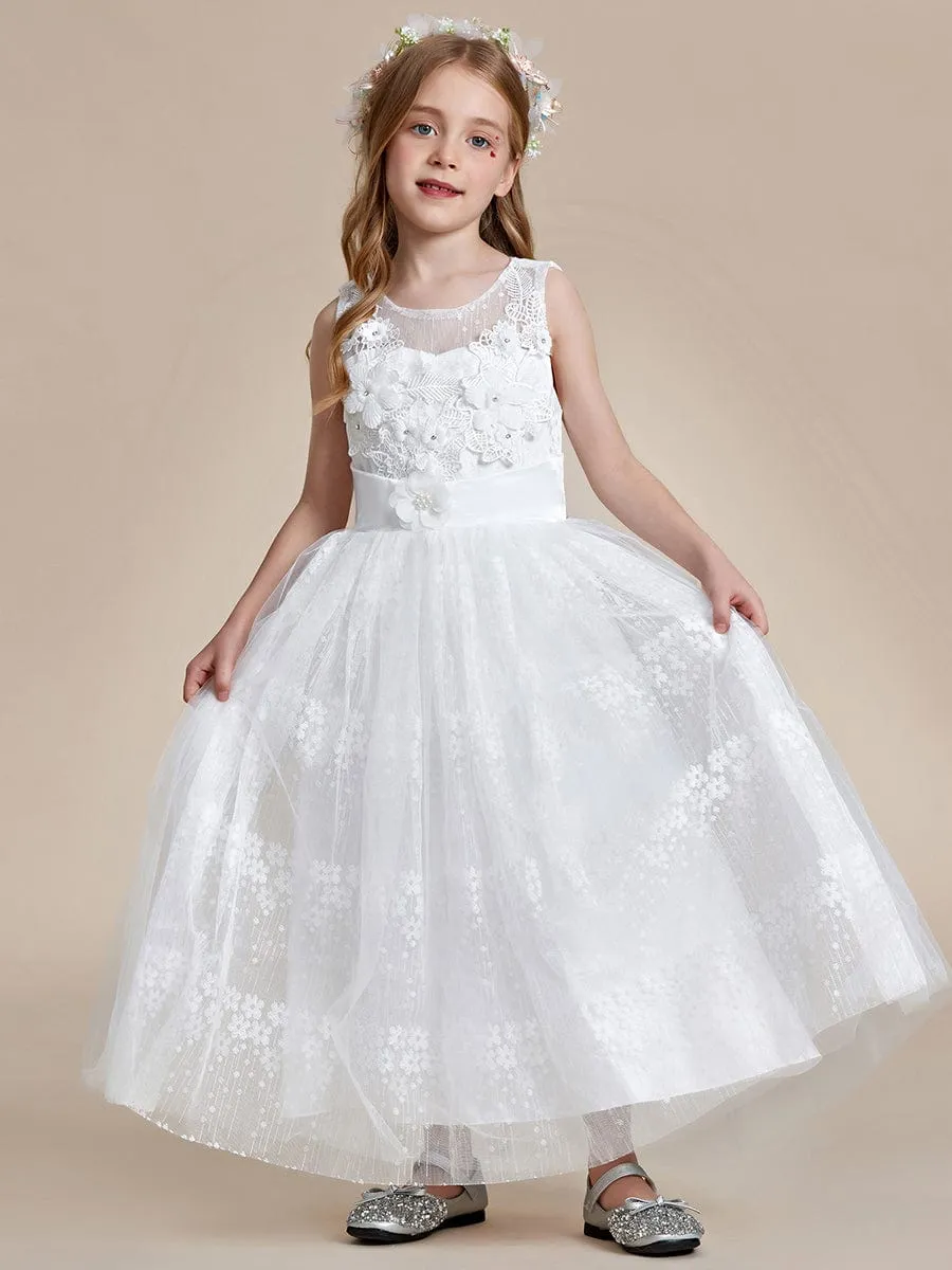 Floral Tulle Applique Princess Flower Girl Dress With Satin Back