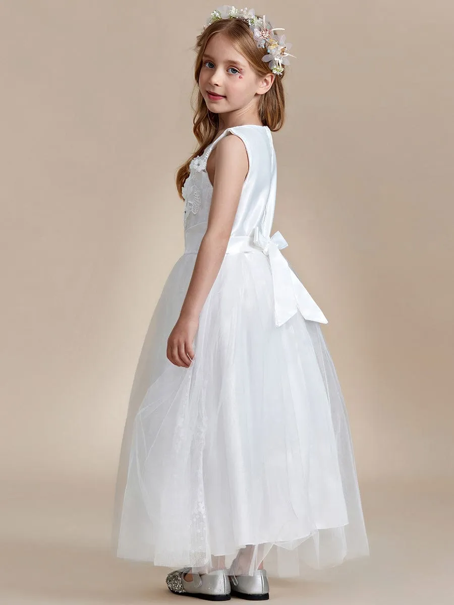 Floral Tulle Applique Princess Flower Girl Dress With Satin Back