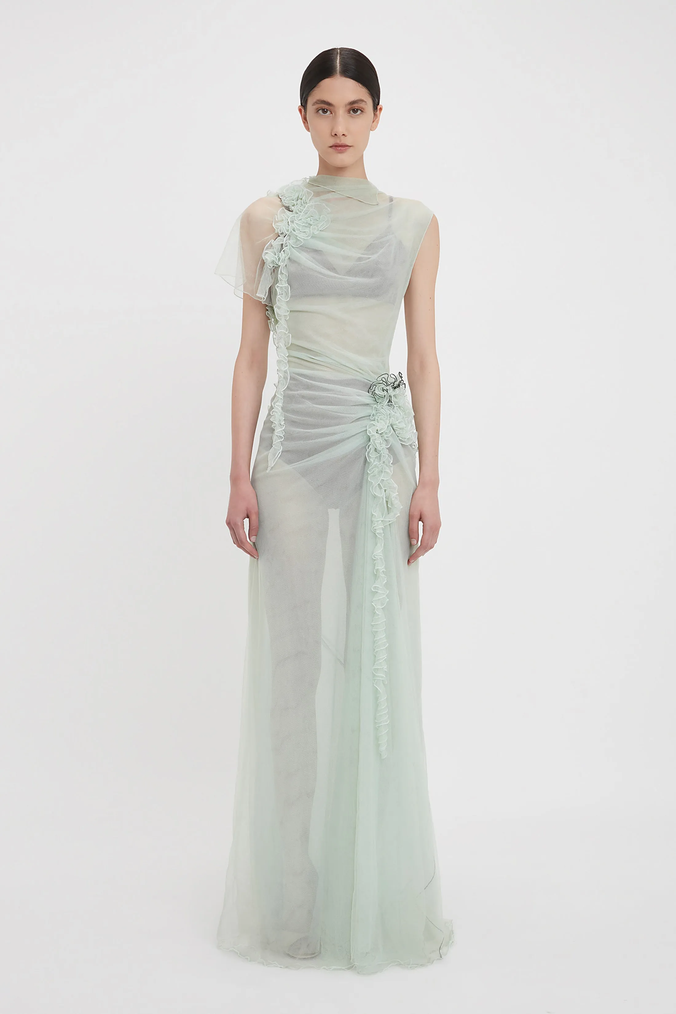 Gathered Tulle Detail Floor-Length Dress In Jade