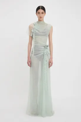 Gathered Tulle Detail Floor-Length Dress In Jade