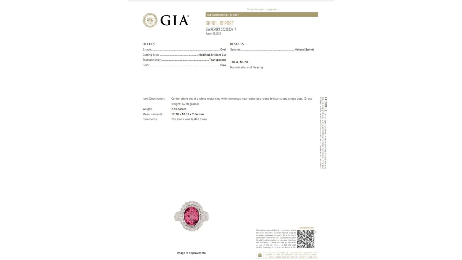 GIA Certified 7.60 Carat No Heat Pink Spinel and Diamond Ring in Platinum