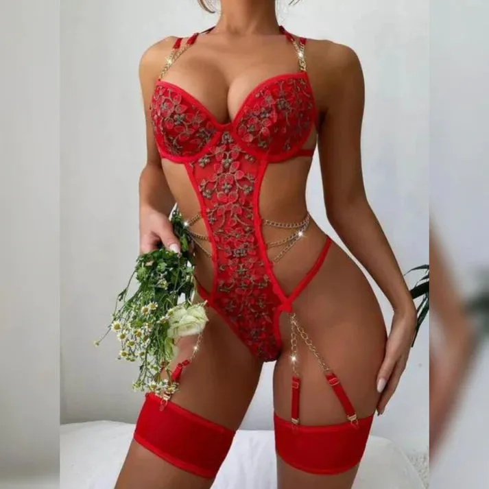 High Quality Chain Halter Floral Embroidered Bodysuit With Leg Rings