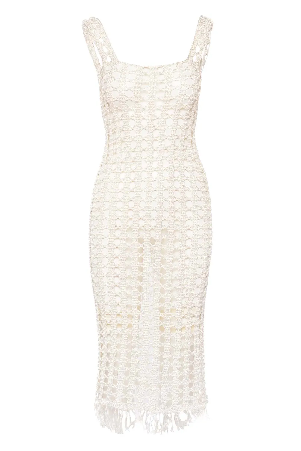 Natural Square Neck Crochet Midi Dress