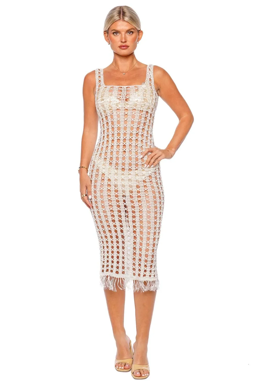 Natural Square Neck Crochet Midi Dress